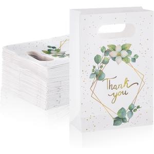 60 Pcs Greenery Eucalyptus Thank You Gift Bags With Handles - Paper Bags Bulk for Business, Party, Merchandise, Boutique, Wedding, Birthday