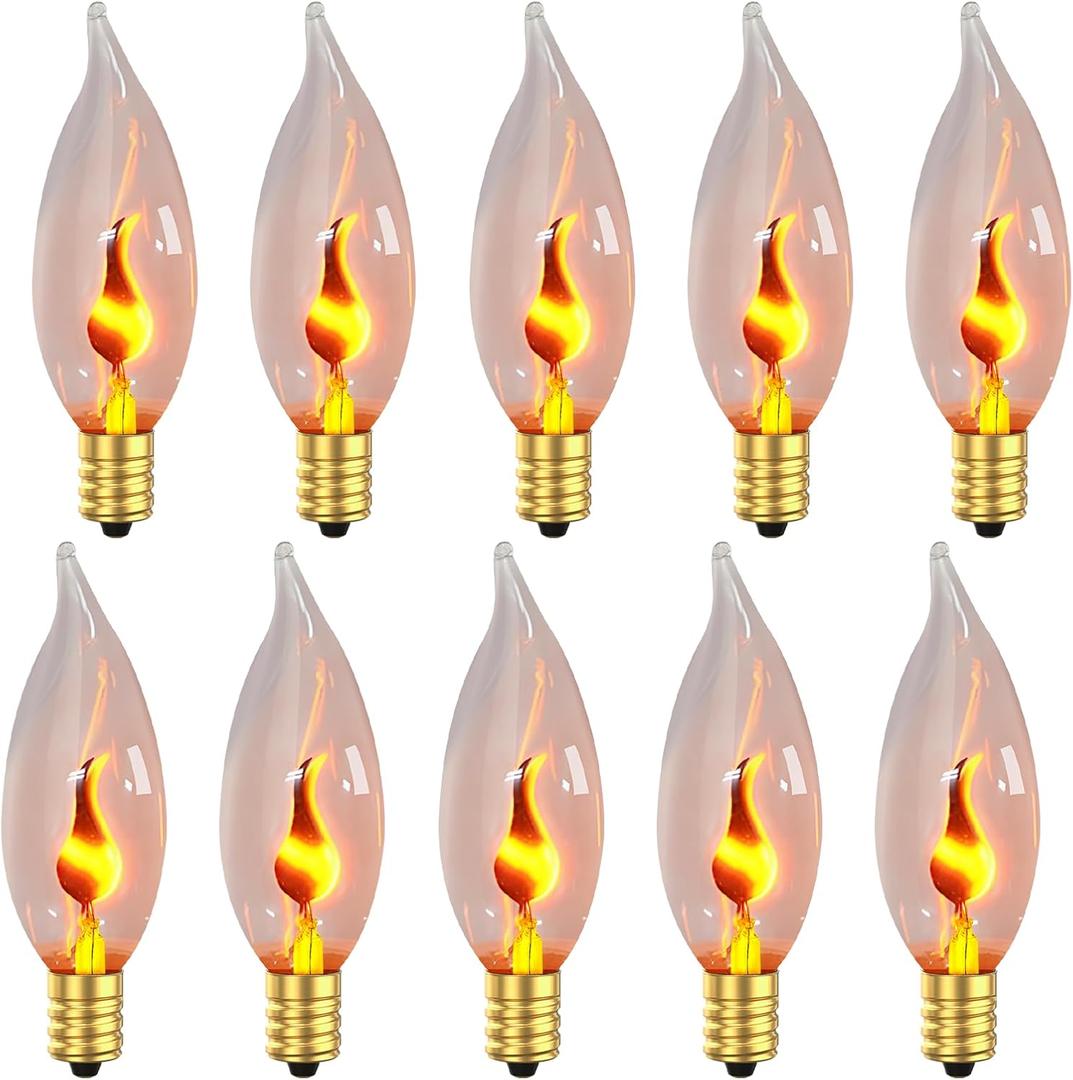 Hompavo Upgraded Flame Light Bulbs, E12 Candelabra Small Base, Clear Glass Flickering Fire Bulb for Halloween Christmas Party Porch Indoor & Outdoor Home Decoration, 10 Pack