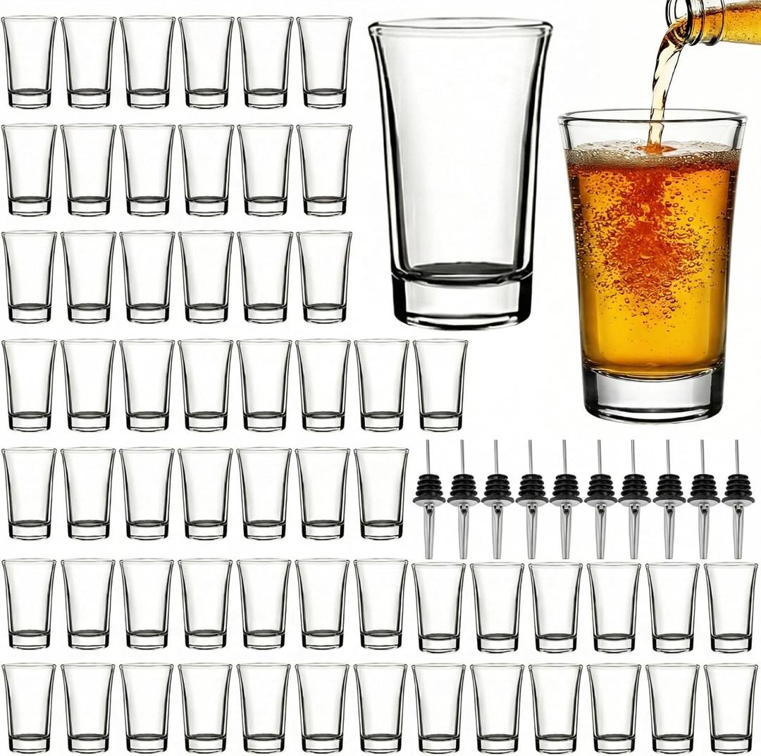 60 Pack Shot Glasses with 10 Pourers, 1 Ounce Shot Glass Bulk with Heavy Base, Clear Small Glass Cups for Vodka Tequila Whiskey Espresso Cocktail Bar Party