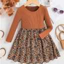Girl's Floral Ribbed Knit A Line Dresses Long Sleeve Crew Neck Cute Short Dress Cowgirls Fall Outfits