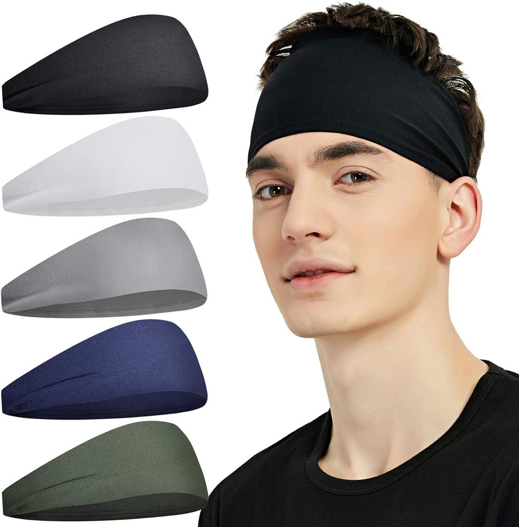 Sports Headbands for Men (5 Pack),Moisture Wicking Workout Headband, Sweatband Headbands for Running,Cycling,Football,Yoga,Hairband for Women and Men (Gray, Green, White, Blue, Black)