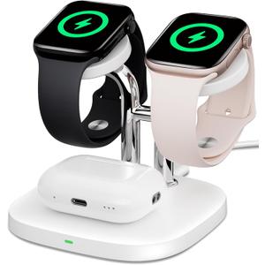Dual Watch Charger with Fast Charging for Apple Watch, SwanScout 704A, 3-in-1 Wireless Charging Station Stand for Apple Watch Ultra 3/11/10, Wireless Charger Dock for AirPods Pro 3/4 (White & Silver)