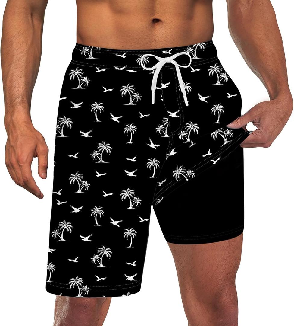 UNICOMIDEA Men Swim Trunks with Compression Liner 9 Inch Long Board Shorts (Large, A1 Black White)