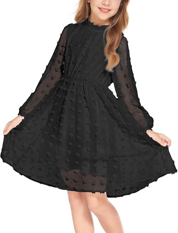 Flypigs Black Dress for Girls Swiss Dot Long Sleeve Tulle Tunic Dress A-Line Flowy Pleated Casual Dresses 5T-6T