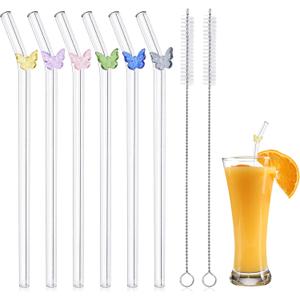 Reusable Glass Straws with Colorful Butterfly, 5 PCS Reusable Straws with 2 Cleaning Brushes, Shatter Resistant Clear Glass Straw Dishwasher Safe for Cocktailc Smoothies Milkshakes Teas