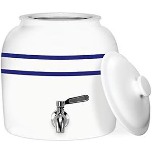 Geo Sports Porcelain Ceramic Crock Water Dispenser, Stainless Steel Faucet, Valve and Lid Included. Fits 3 to 5 Gallon Jugs. (Blue Stripe)