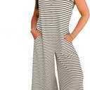 Womens Striped Jumpsuit Sleeveless Button Down Wide Leg Jumpsuit One Piece Rompers Pants with Pockets, Small 