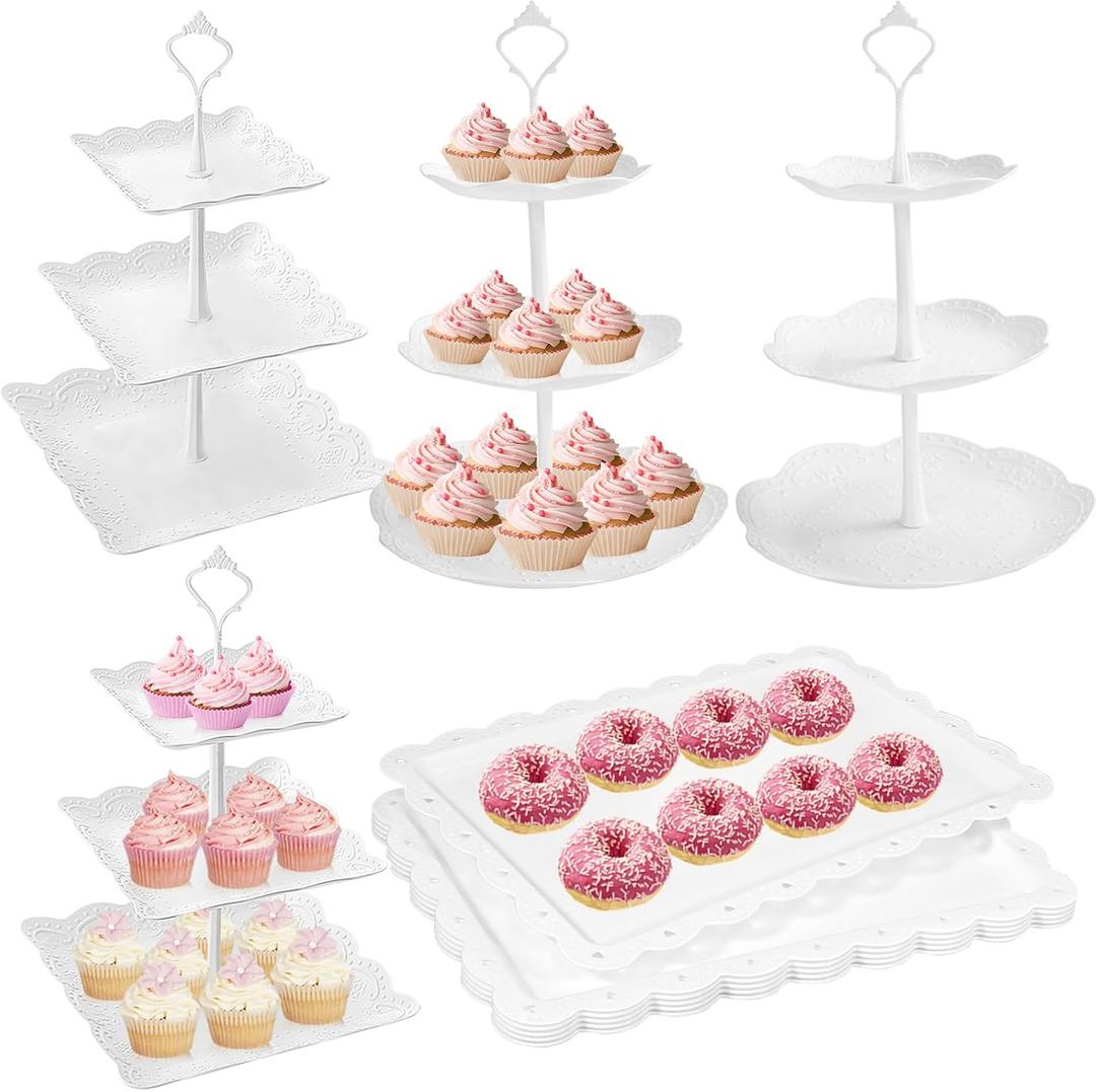10 Pcs Cake Stand White Plastic Dessert Table Display Set 4 Pcs 3 Tired Cupcake Stand Cookie Tray Rack Serving Tray Cake Display Tower and 6 Pcs Dessert Trays for Wedding Baby Shower Tea Party (White)
