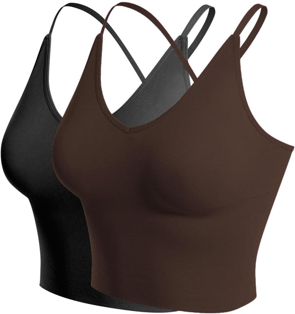 Design by Olivia Women's Casual Seamless Padded Workout Sports Bra Cami Cropped Yoga Tank Top with Adjustable Straps (2pack - Black/Brown), S/M