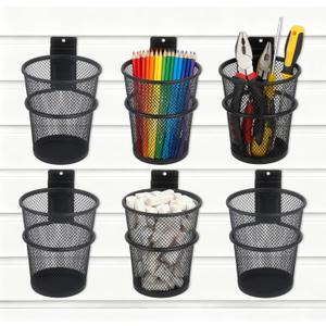 Klmnop 6 Set Slatwall Cups with Hook Loops, Metal Mesh Pencil & Tool Holder Organizer, Slat Wall Bin Accessories for Garage Workshop Office Storage (Black)