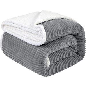 LBRO2M Striped Sherpa Fleece Bed Blanket King Size, Super Soft Fuzzy Plush Warm Cozy Fluffy Microfiber Couch Throw Velvet Double Reversible Luxurious Blankets (90x104),Grey