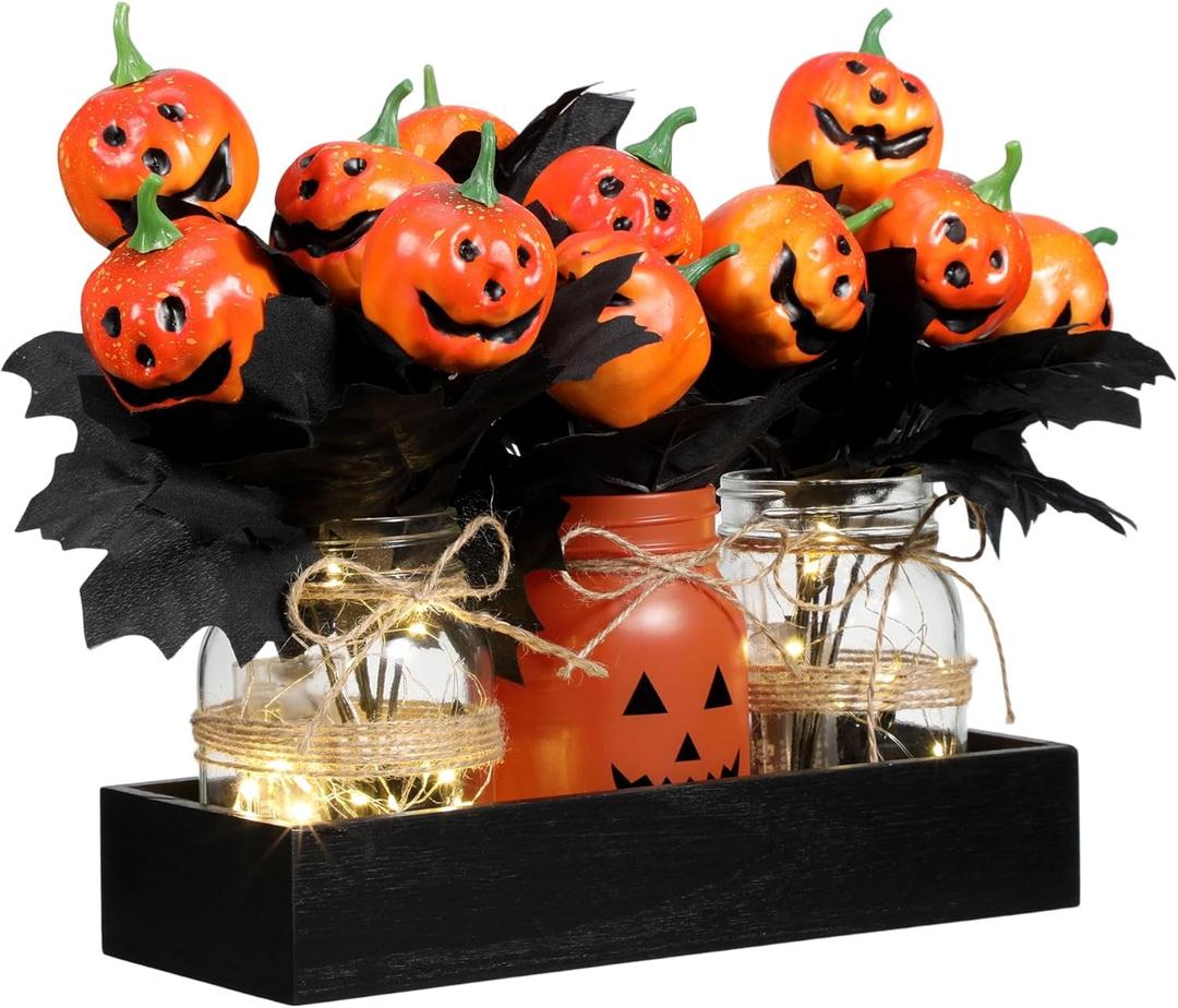 Honeydak 9 Pcs Halloween Table Centerpieces Pumpkin Mason Jar for Halloween Table Dining Room with Farmhouse Wood Tray 3 Mason Jars with Artificial Flowers and 2 LED Light for Dining Room