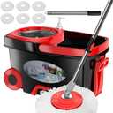 FunClean 360 Spin Mop and Bucket Set with Wringer, 6 Extra Microfiber Heads, 61" Extended Handle for Effortless Floor Cleaning, 2X Wheel Design - Black