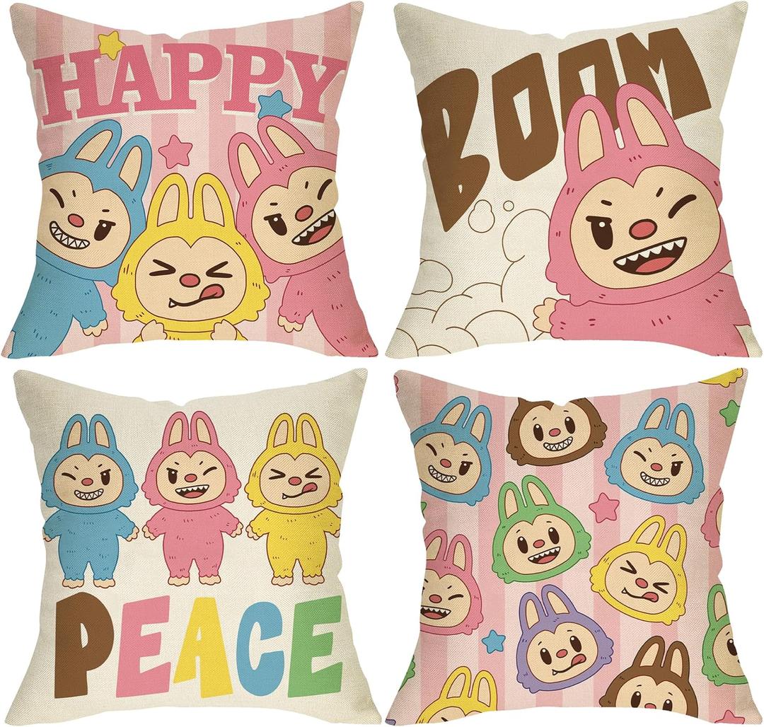 Pycat Cute Decorative Throw Pillow Covers 18 x 18 Set of 4, Macaron Monster Happy Peace Boom Porch Outdoor Home Decor, Stars Stripes Sofa Couch Cushion Case