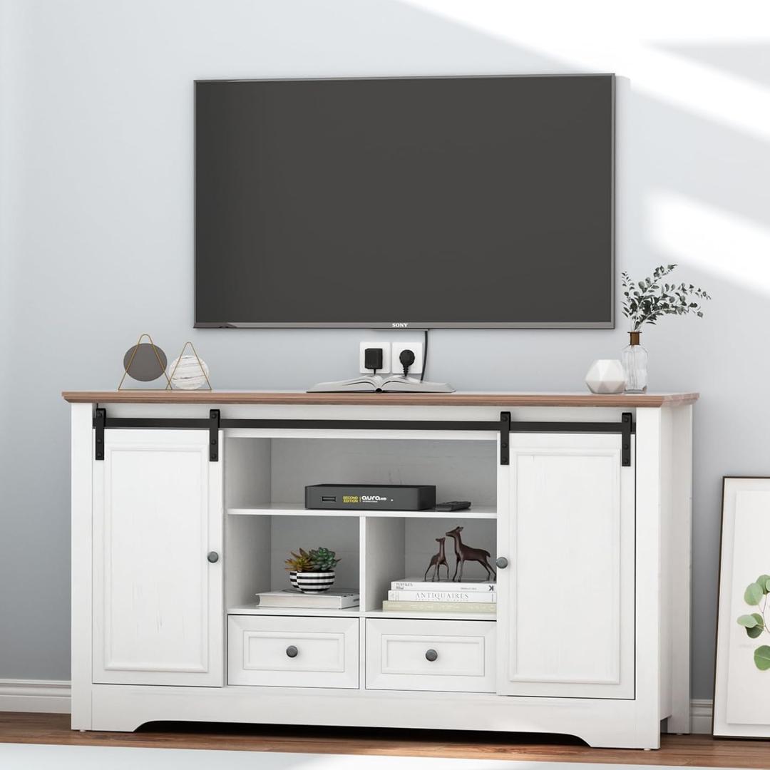 Farmhouse TV Stand for 60 Inch TV, 30" Tall Entertainment Center with 2 Drawers & Sliding Barn Door, Rustic Media Console with Storage Shelves, 55" Wood Television Stand for Living Room, White