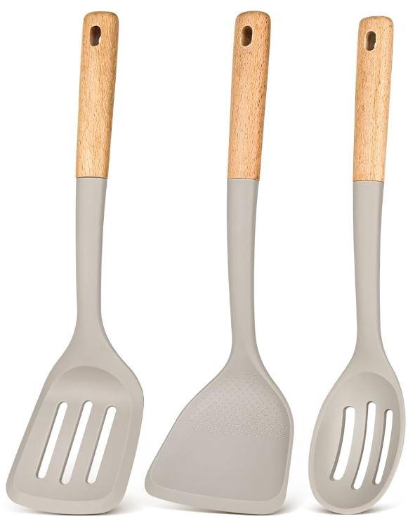 Silicone Cooking Utensils Set, Perfectly Angled for Frying, Mixing,Serving,Draining,Turning and Stirring, BPA-Free Matte Silicone, Wood Handles, Safe for Nonstick Cooking Surfaces,3 Pack (Khaki)