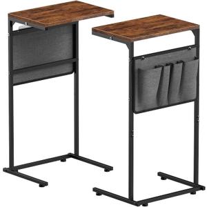 Vantic C Shaped End Table Set of 2, Small Side Table for Couch and Recliner, Slide Under Sofa Tray Desk with Storage Bag for Living Room and Bedroom, Rustic Brown