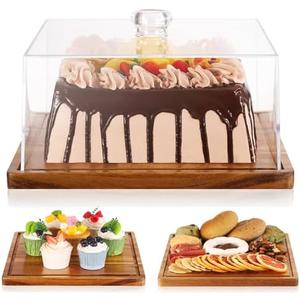 Square Cake Stand with Lid，11in Acacia Wood Cake Stand with Dome，Dessert Display Stand with Acrylic Cover for Cheese，Pie，Chips & Dips，Serving Platter with Cover for Kitchen/Party/Wedding/Birthday