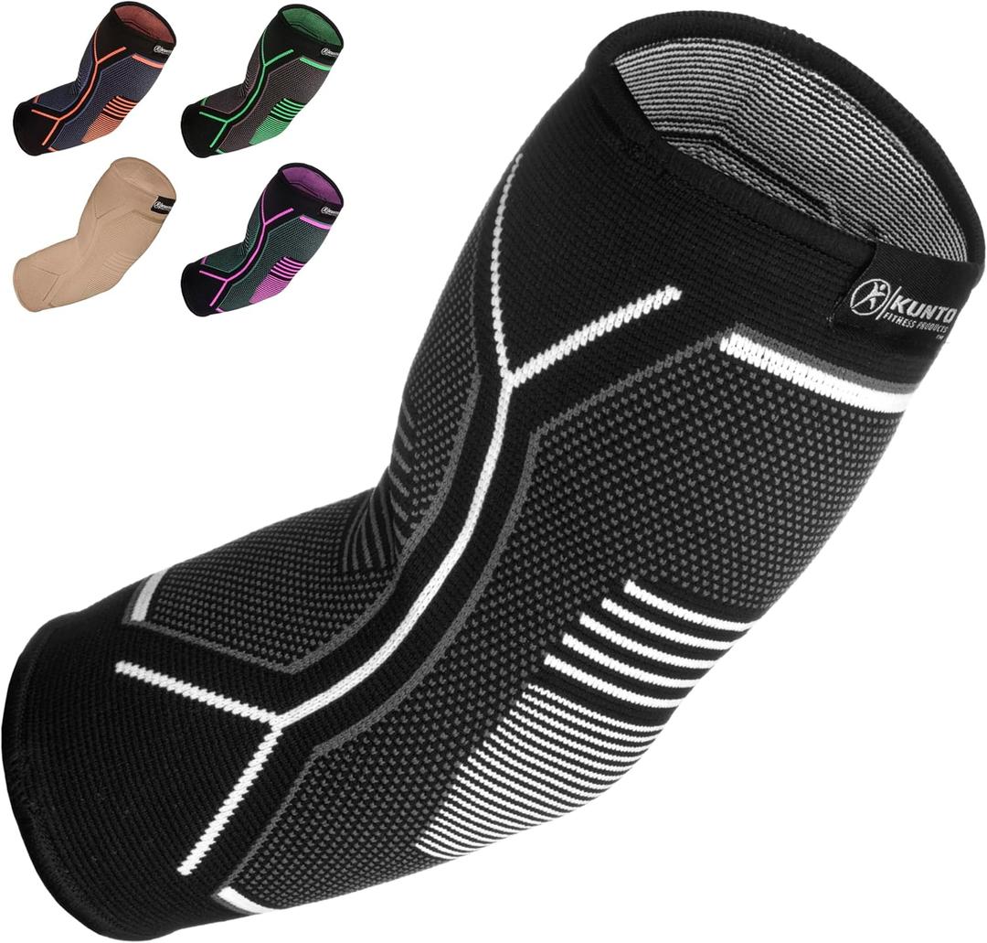 Kunto Fitness Elbow Brace Compression Support Sleeve (Shipped From USA) for Tendonitis, Tennis Elbow, Golf Elbow Treatment - Reduce Joint Pain During Any Activity! (Small, White-Gray)