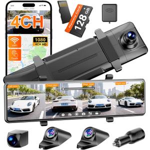 Rear View Mirror Camera,4 Channel Mirror Dash Cam Front and Rear Inside,12" Touch Screen Dash Cam, Backup Camera for Car, 7/24 Parking Monitor,Included Free 128GB SD Card