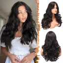 BARSDAR Long Wavy Brown Wig with Curtain Bangs - Wavy Dark Brown Layered Wigs for Women - Soft Synthetic Hair Long Layered Wig Natural Looking Daily Party Halloween Wigs - Black Brown (26 Inch)