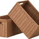 UBBCARE 2 Pack Wicker Basket, 13.4L8.3H7.1W inch Woven Paper Rope Storage Baskets for shelves, Foldable Rectangular Storage Baskets with Handle, Storage Basket for Organizing, Caramel