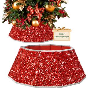succulentlovers Red Sequins Christmas Tree Collar, 25.6 Inch Foldable Sparkling Sequin Trees Skirt Collar, Glitter Christmas Trees Base Cover Tree Stand Skirt for Christmas Tree Party Shiny Ornaments