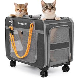 Rolling Cat Carrier for 2 Cats, 24" Large Capacity Pet Carrier with Wheels for Pets up to 40 lbs, Double Compartment Dog Travel Bag with Removable Divider & Telescopic Handle, Foldable(Gray, 24inch)
