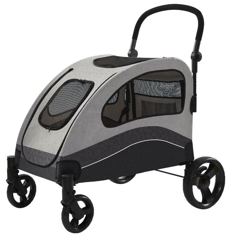 Heavy Duty Dog Stroller for Large Dogs Up to 135 Lbs, Dual Entry Pet Wagon with All Terrain Wheels, One-Foot Brake, Easy Fold, Breathable Mesh, Adjustable & Removable Handle for Senior Pets - Black
