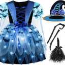 Spooktacular Creations Girls Light Up Witch Costume, Kids Witch Costume with Hat and Broom for Toddler Halloween Dress Up Parties, Blue (Toddler (3-4yr))