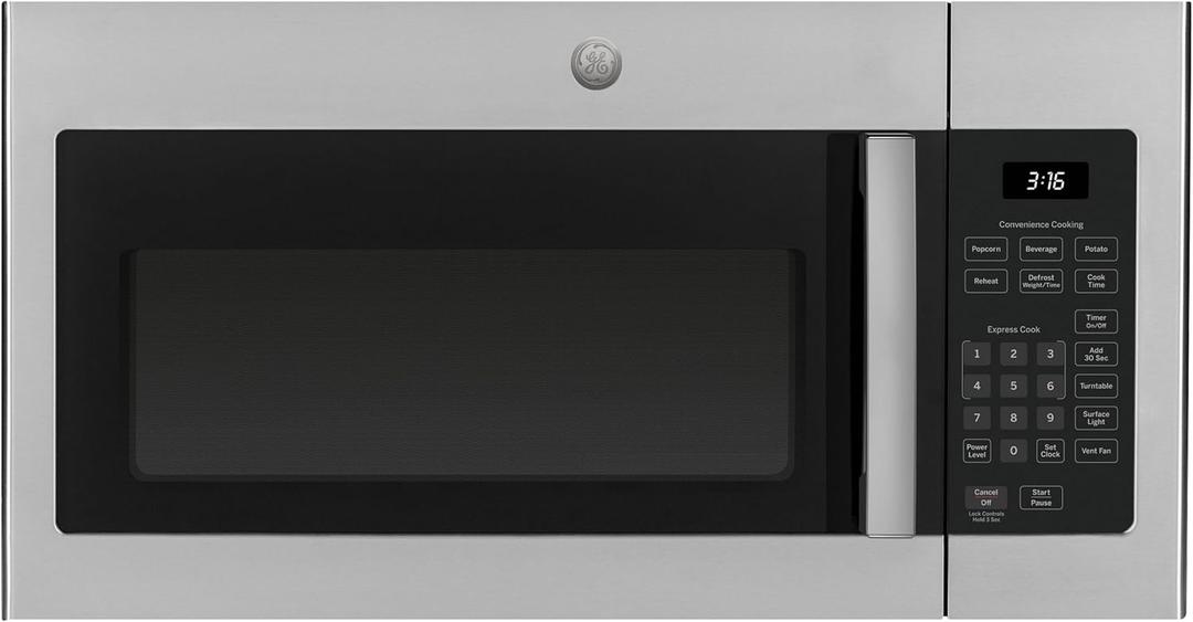 GE 30" Over-the-Range Microwave, 1.6 Cu. Ft., 1000 Watts, 300 CFM Hood Vent, LED Lighting, Auto Defrost, Easy Mount Install, Stainless Steel, JVM3160RFSS