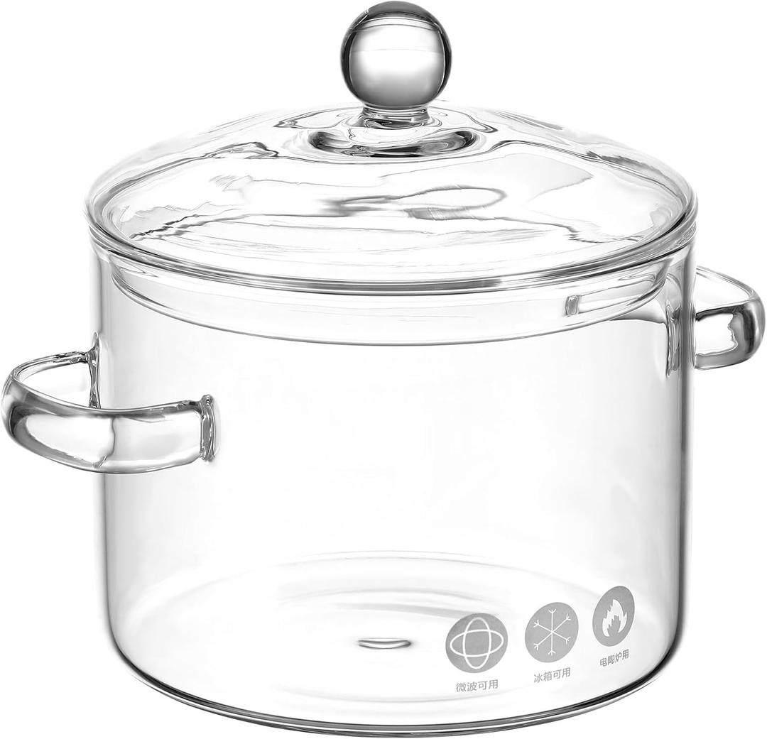 Yardwe Glass Stew Pot with Lid 1.35L Heat Resistant Borosilicate Cooking Pot Two Handles for Soup Noodles and Multi-Use Household Stove Top