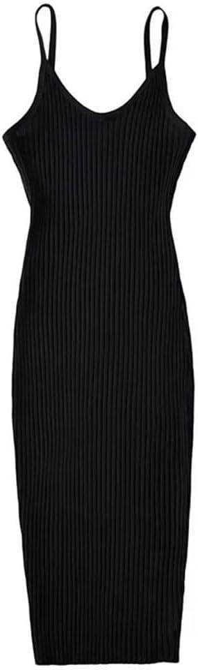 Fnfmrfmr Women Solid Knit Backless Dress V-Neck Sleeveless Paghetti Straps Midi Dresses (Medium, Black)