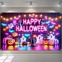 Halloween Banner 71x43 Inch Neon Ghost Pumpkin Backdrop Indoor Outdoor Trick or Treat Party Decoration Wall Hanging Spooky Glow Theme for Fence Room Porch Photo Booth