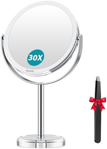 Auxmir 1X/ 30X Magnifying Mirror, Makeup Mirror with Tweezer, Double Sided Round Vanity Tabletop Mirror, 360° Rotation Portable for Dressing Table Desk Bathroom Bedroom Travel, Clear