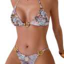 Women's 2 Piece Leopard Floral Bikini Sets Ring Triangle Halter Bathing Suit Tie Back Swimsuit (Multicoloured)- XS