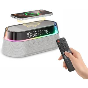 6-in-1 Bluetooth Speaker Alarm Clock with Remote, 15W Fast Wireless Charger, FM Radio & Dimmable LED Night Light, Dual Digital Clock for Bedroom Home Office, Ideal for Him, Men Women