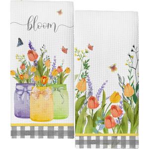 Tulip Bloom Flowers Seasonal Spring Summer Kitchen Towels,Tulip Decor Dish Towels Drying Cloth Hand Towels for Farmhouse Kitchen Bathroom,16x24 Inches Set of 2.(023)