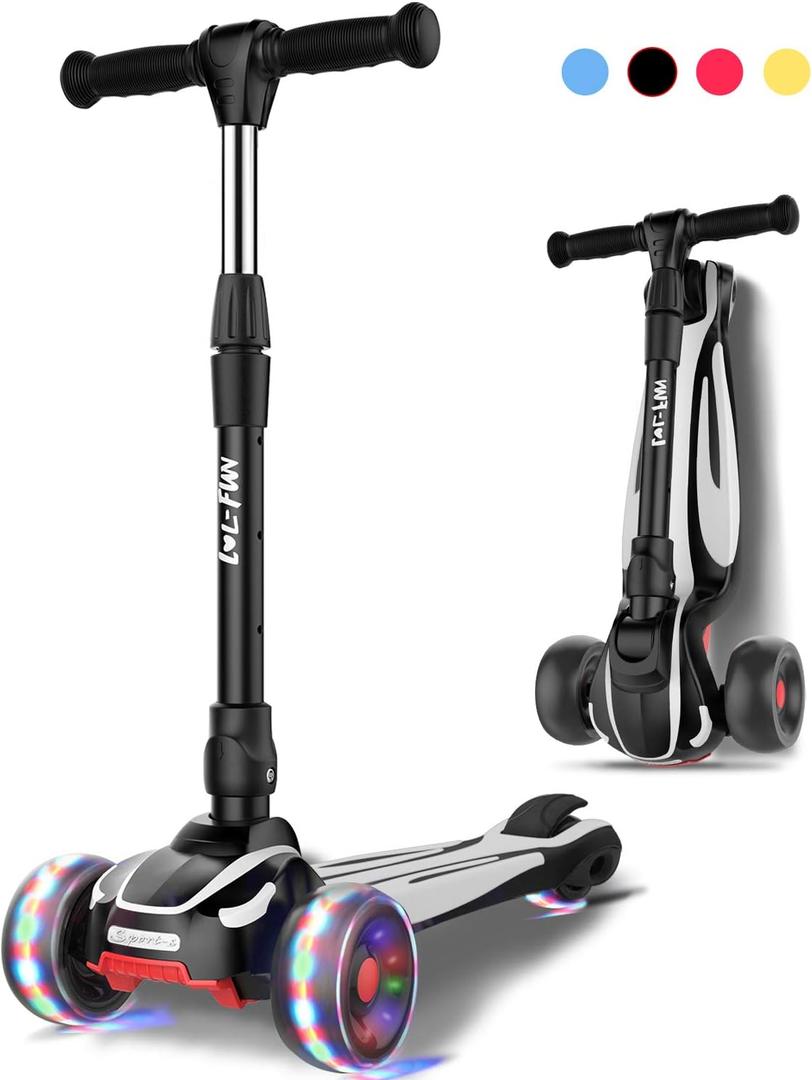 LOL-FUN Toddler Scooter for Kids Ages 3-12 Years Old Boy Girl with 3 Wheel LED Lights, Extra-Wide Childrens Foldable Kick Scooter Kids Ages 3-5 with 4 Adjustable Height and Lean-to-Steer (Black Knight)