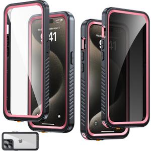 for iPhone 15 Pro Case Waterproof, Built-in Privacy Screen & HD Screen Double Front Frame [IP68 Underwater] Shockproof Dustproof Full Body Protection iPhone 15 Pro Phone Case Pink