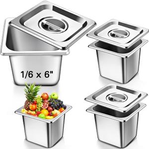 Baderke 4 Pack Stainless Steam Hotel Pans with Lids, 1/6 Sixth Size x 6 Inch Deep, 0.7 mm Thick 304 Stainless Steel Hotel Anti Steam Table Pan for Food Warmer Cooking Heat