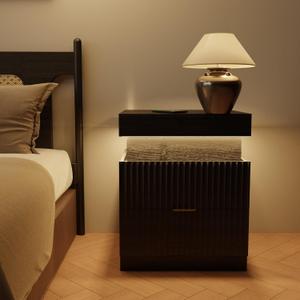 Wooden Nightstand with Charging Station & LED Lights, Modern Fluted Bedside Table with Sliding Top & Drawers for Bedroom & Living Room, Black, 17.7 inches x 15.7 inches x 22 inches