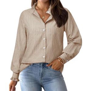 siliteelon Womens Striped Button Down Blouse Dress Casual Long Sleeve Shirt Ruffle Trendy V Neck Office Work Tops (L)