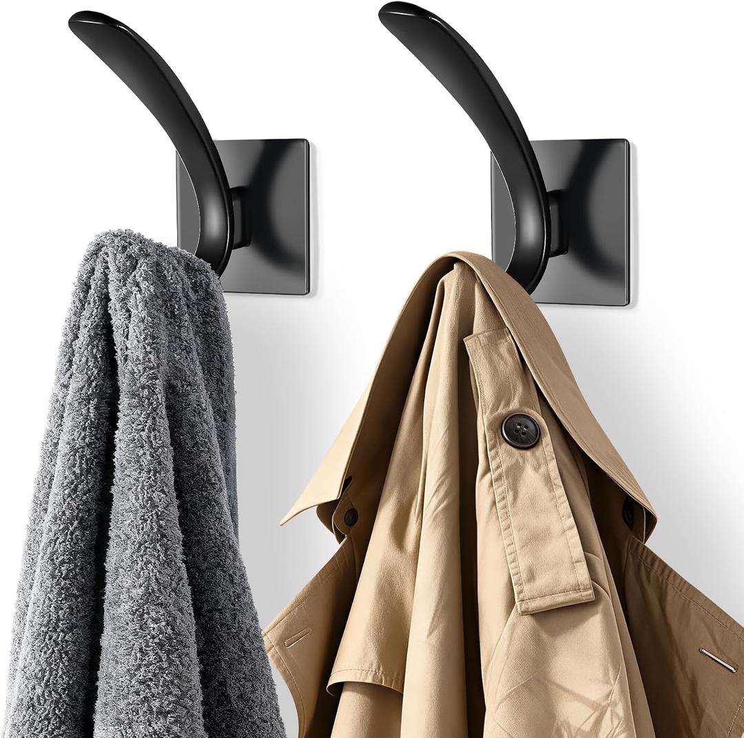 2 x Self Adhesive Towel Hooks, Matte Black Metal Hooks,Waterproof Stainless Steel Hanger Coat Hooks for Hanging Coat,Towels, Bath Robe in Bathroom Kitchen Home