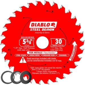 Diablo Steel Demon Carbide Saw Blade for Medium Metal - 5-3/8" x 30-Teeth, 20mm Arbor, .059" Kerf, 2 Hook Angle, .039" Plate, 6000 Max RPM - D053830FMX