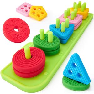 hahaland Silicone Sorting & Stacking Toys Toddlers 1-3 - Montessori Sensory Toys for 1 Year Old, Textured Soft Blocks for Shape & Color Sorting Learning Baby Toys 1 Year Old Boy Gifts Girl Sorter Toy