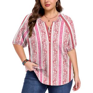ForHailey Women's Plus Size Short Sleeve Summer Tops Casual Button Down V Neck Blouses Floral Clothing Trendy (Pink)