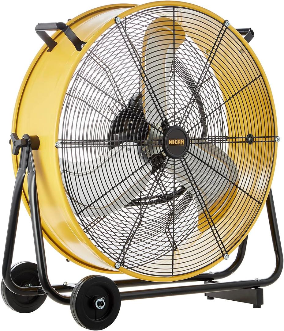 HiCFM 24" Industrial Drum Fan 8800 CFM High Velocity 3-Speed Heavy Duty Metal Air Circulator with Casters Handle for Basement Warehouse Factory workshops
