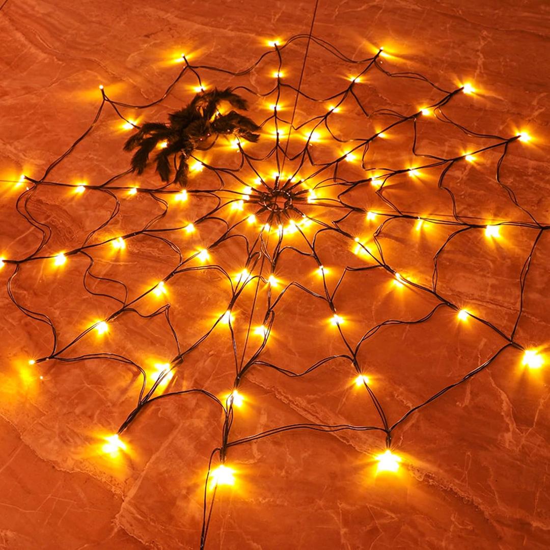 FUNPENY Halloween 80 LED Orange Spider Web Lights with Spider, Battery Powered 8 Modes Light up Cobweb Halloween Decorations for Indoor Ourdoor Garden Yard Home Patio (Orange) FUNPENY Halloween 80 LED Orange Spider Web Lights with Spider, Battery Powered 8 Modes Light up Cobweb Halloween Decorations for Indoor Ourdoor Garden Yard Home Patio (Orange)