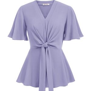 GRACE KARIN 2024 Women's Elegant V Neck Peplum Tops Tie Front Short Bell Sleeve Shirts Tops Blouse (Medium, Lilac)